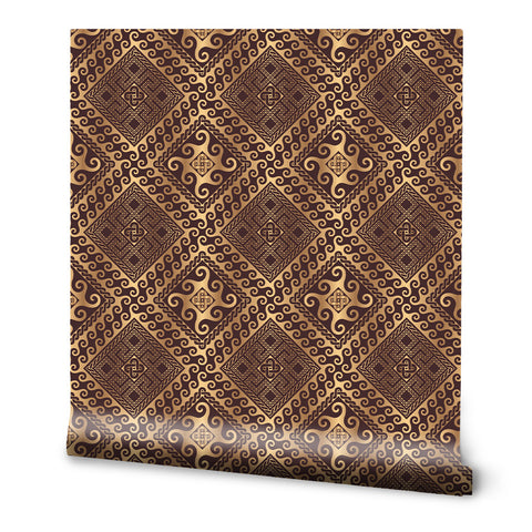 Wallpaper with brown and beige geometric diamond pattern featuring ornamental swirls and tribal motifs