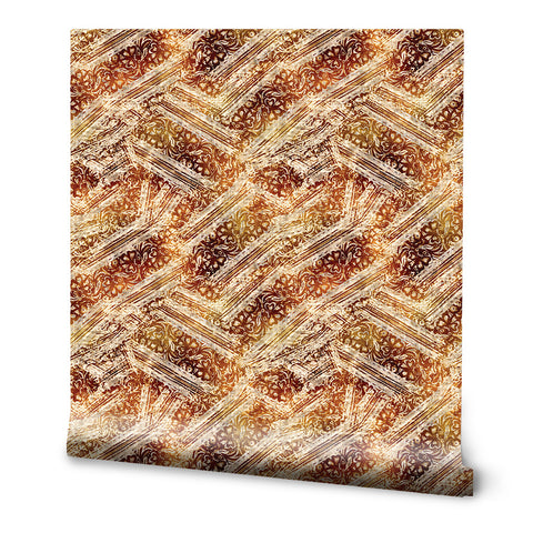 Abstract wallpaper pattern with golden brown brush strokes and ornamental floral details, textured artistic wall design
