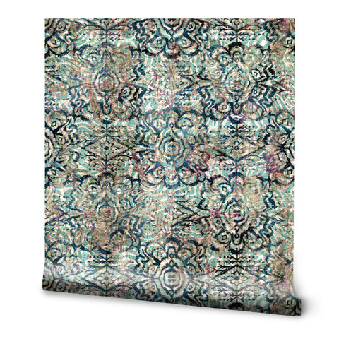 Wallpaper with abstract damask pattern in shades of blue, beige, and black