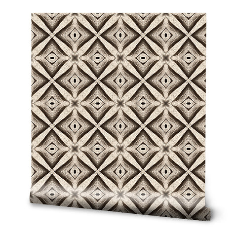 Wallpaper roll with diamond-shaped geometric pattern in beige and brown tones, textured vintage wall design