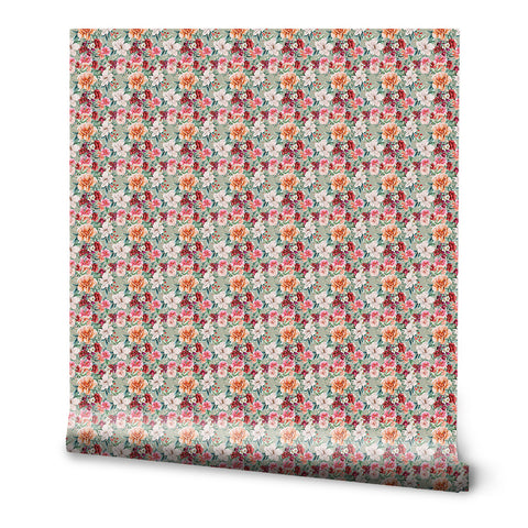 Floral wallpaper roll with dense pattern of orange, red, and white flowers on a muted green background, vintage decorative design