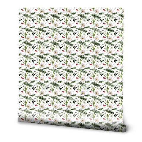 Floral wallpaper with green fern leaves, white flowers, and small red blossoms on a white background