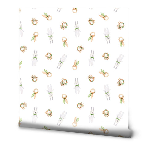 Cute wallpaper with watercolor bunnies and decorative wooden rings with green leaves on a white background