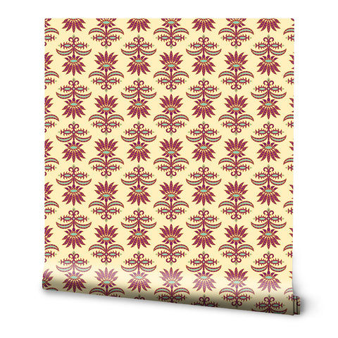 Vintage wallpaper with red floral damask pattern on beige background