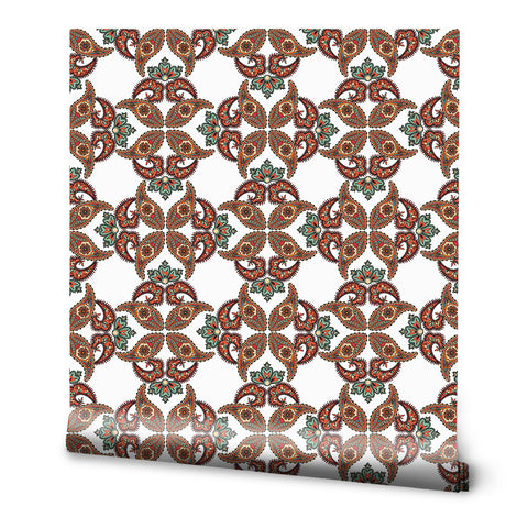 Wallpaper with traditional paisley-inspired floral pattern in red, brown, and green on a white background