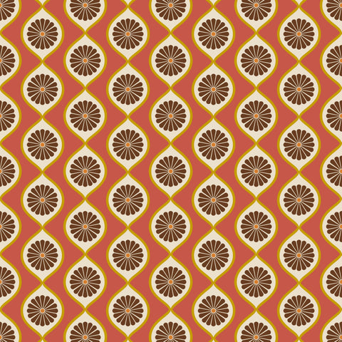 retro wallpaper with a geometric floral pattern in orange, brown, and white colors.