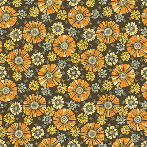 wallpaper with a 60's floral pattern featuring earthy tones and yellow daisies on a brown background.
