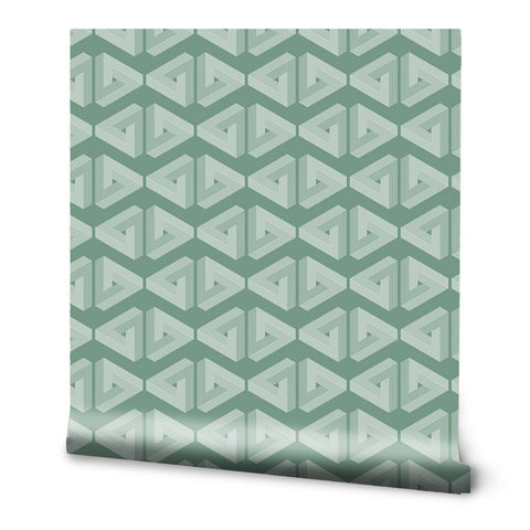 Geometric wallpaper roll with repeating 3D triangular pattern in light and dark green shades, modern abstract wall design.