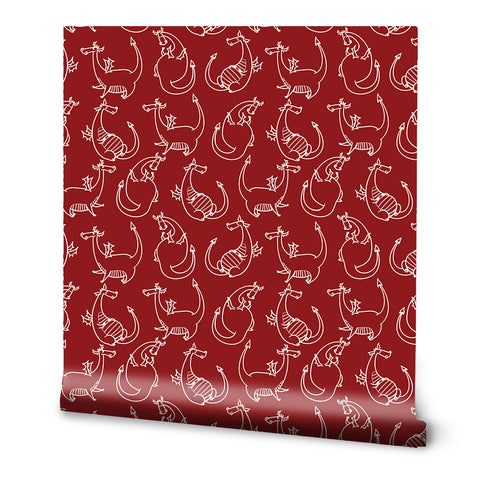 Red wallpaper with white dragon pattern in a repeating design