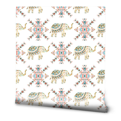 Wallpaper with decorative elephants and geometric tribal patterns in beige, teal, and coral on a white background