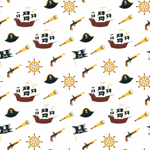 Removable wallpaper with a pirate theme, featuring patterns of pirate ships, skulls, and anchors in white background.