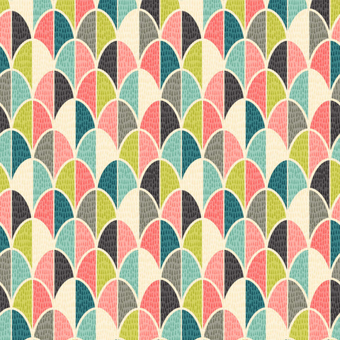 A patterned wallpaper featuring an abstract design with multicolored arches.