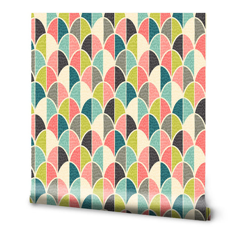 A roll of removable wallpaper with a geometric arch pattern featuring multiple colors including blue, green, pink, and gray.