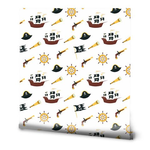 Removable wallpaper with a pirate theme, featuring patterns of pirate ships, skulls, and anchors in white background.