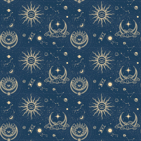 dark blue wallpaper with a pattern featuring celestial bodies such as moons, stars, and suns.