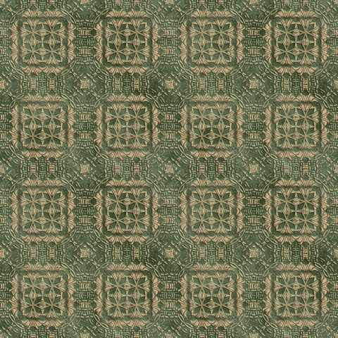 Ornamental wallpaper with a repeating geometric tile design in green and beige, featuring starburst and floral-inspired motifs inside square frames