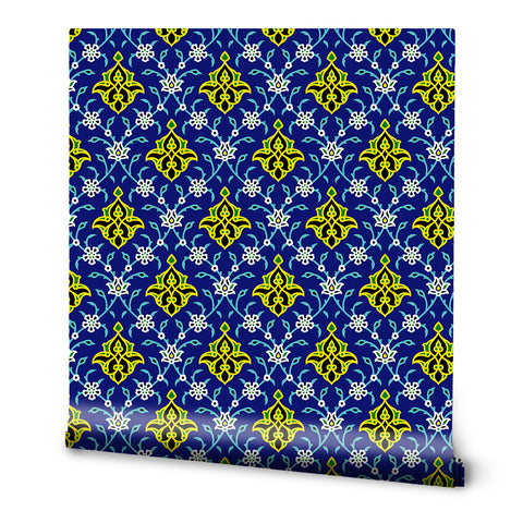 Arabian Floral Removable Wallpaper - Moroccan Tile - Dark Blue & Yellow