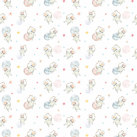 A wallpaper featuring cute animal characters dressed as astronauts, with a white background adorned with stars and other space-themed designs.
