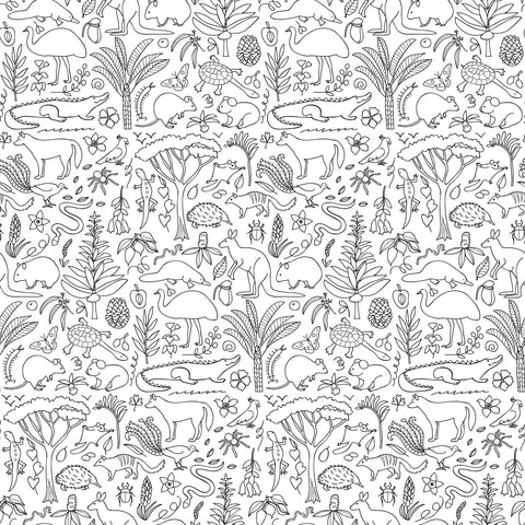 removable wallpaper featuring handdrawn doodles of Australian wildlife and plants in black and white.