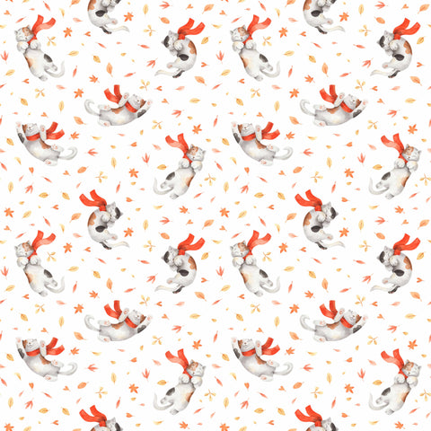 wallpaper with a pattern featuring stylized rabbits and leaves in orange and white colors, indicative of autumn.