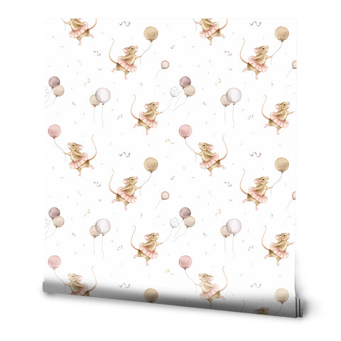 A wallpaper featuring Ballerina-themed illustrations with mice and balloons in pastel colors on a white background.