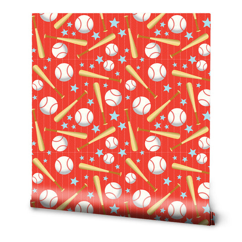 A roll of removable wallpaper with a red background featuring a pattern of baseballs, bats, and stars.