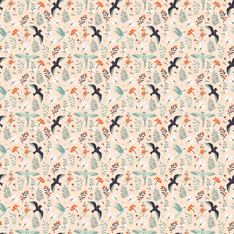 Roll of wallpaper with a pattern featuring birds, flowers, and foliage.