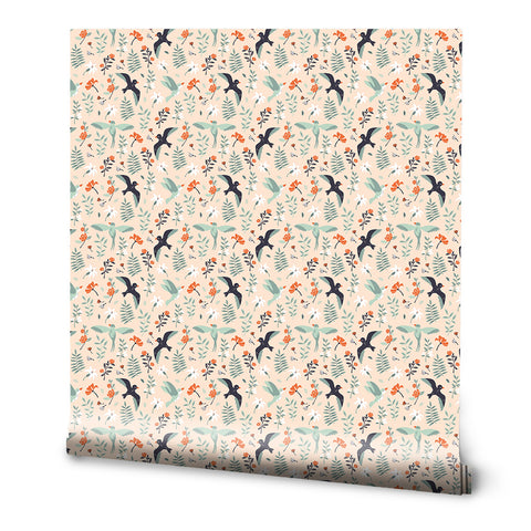 Roll of wallpaper with a pattern featuring birds, flowers, and foliage.