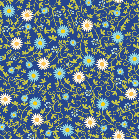 wallpaper with a floral pattern featuring blue, green, and white colors.