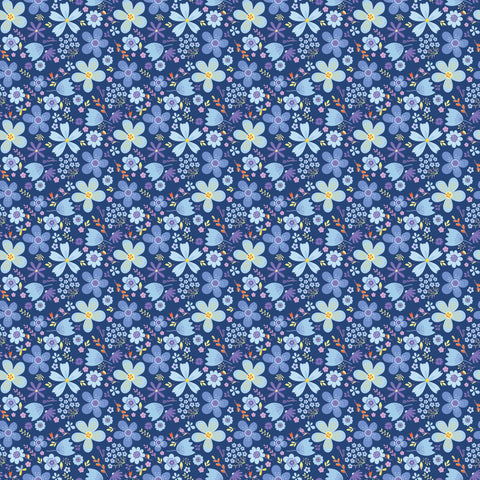 wallpaper with a blue and purple floral folk design.