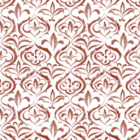 White wallpaper with red damask floral pattern in classic ornamental design