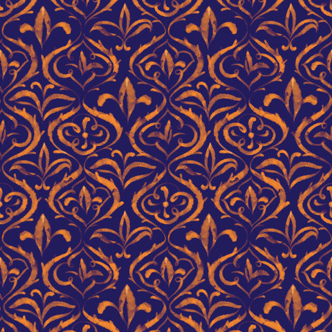 Dark blue wallpaper with gold ornamental damask pattern roll