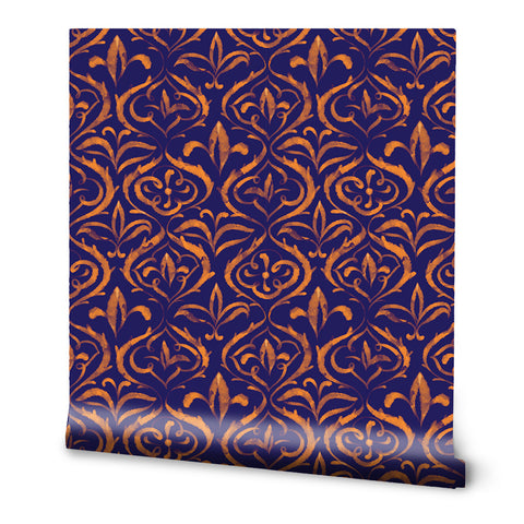 Dark blue wallpaper with gold ornamental damask pattern roll