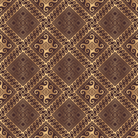 Wallpaper with brown and beige geometric diamond pattern featuring ornamental swirls and tribal motifs