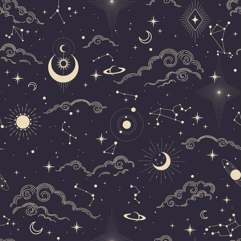 A wallpaper featuring a pattern with clouds, stars, moons, and geometric shapes on a dark background.