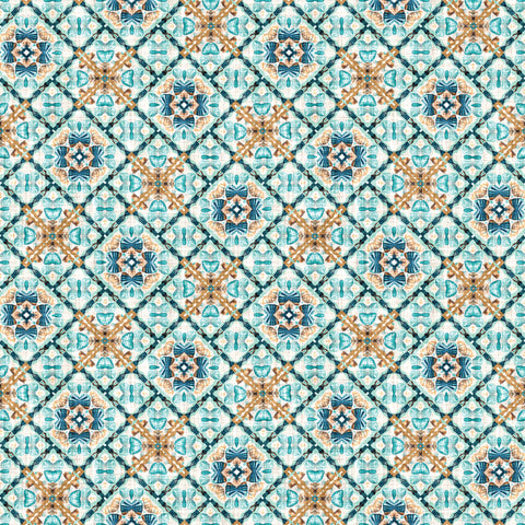 Wallpaper with Mediterranean tile-inspired pattern in blue, turquoise, and terracotta geometric design