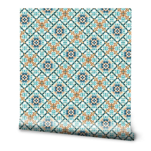 Wallpaper with Mediterranean tile-inspired pattern in blue, turquoise, and terracotta geometric design