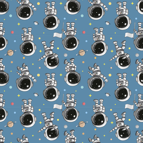 Removable wallpaper featuring a pattern of cartoonish astronauts on a blue background with stars.