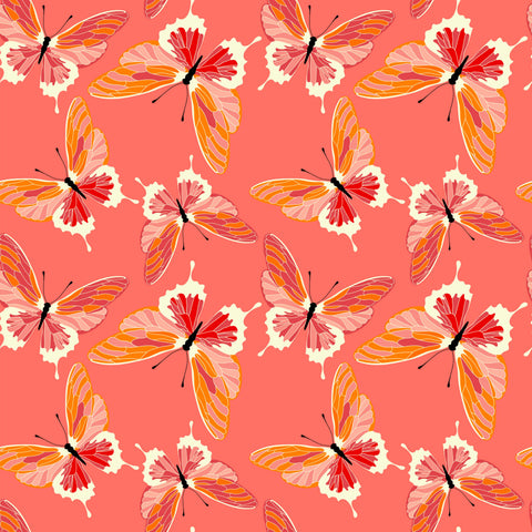 removable wallpaper with a pattern of coral and peach butterflies on a coral background.