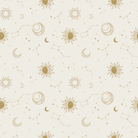 Creamy Golden Sky removable wallpaper with a celestial pattern featuring moons and stars.
