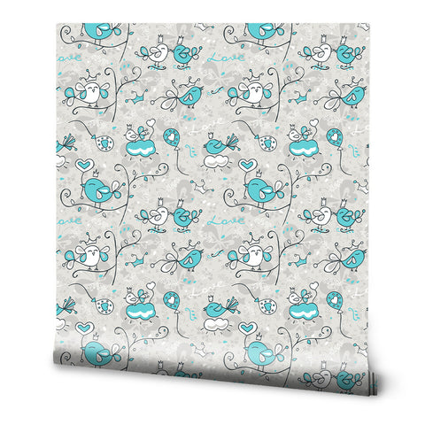 Light gray wallpaper with playful turquoise and white bird and heart pattern, including small crown and “Love” details for a cheerful, child-friendly look.