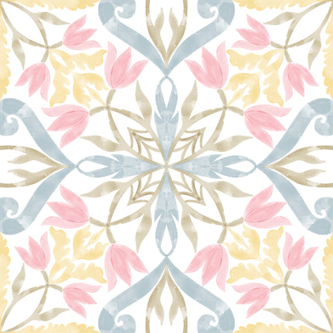 Floral wallpaper with pink tulips, yellow leaves, and blue ornamental pattern on a white background