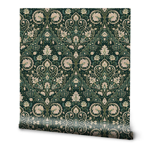 Wallpaper with an ornate damask pattern in dark green, beige, and muted gold tones, featuring symmetrical floral and leaf motifs