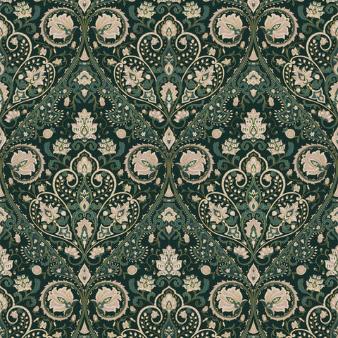 Dark Green Damask Removable Wallpaper