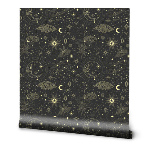 Dark Night Astrology Removable Wallpaper - Black & Gold