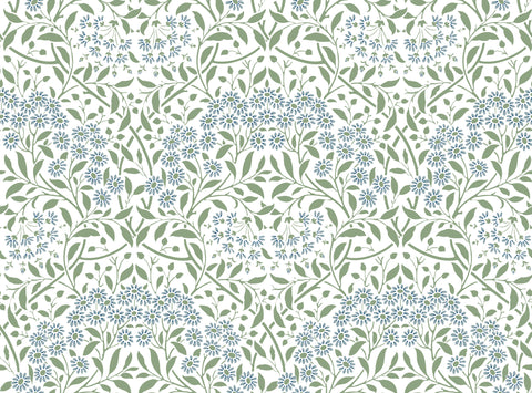 A section of wallpaper with a floral pattern featuring soft green vines and blue flowers on a white background.
