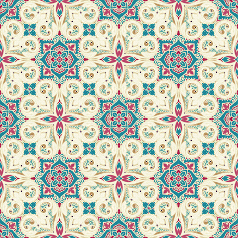 Ornate floral tile pattern wallpaper in beige, teal, and red tones, inspired by Mediterranean design.