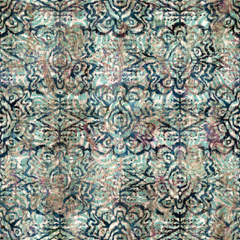 Wallpaper with abstract damask pattern in shades of blue, beige, and black