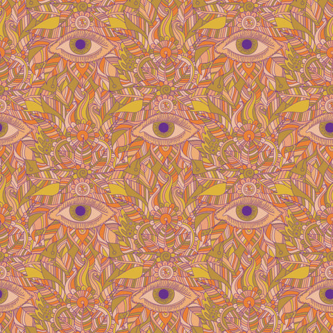 A colorful piece of removable wallpaper featuring a geometric pattern with eye shapes in vibrant orange, yellow, and pink hues.