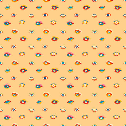wallpaper with a pattern of various colorful eyes on a yellow background.